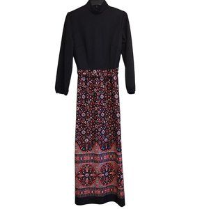 Happenings Women's Mock Neck Long Sleeve Vintage Maxi Dress Black Floral Size 12